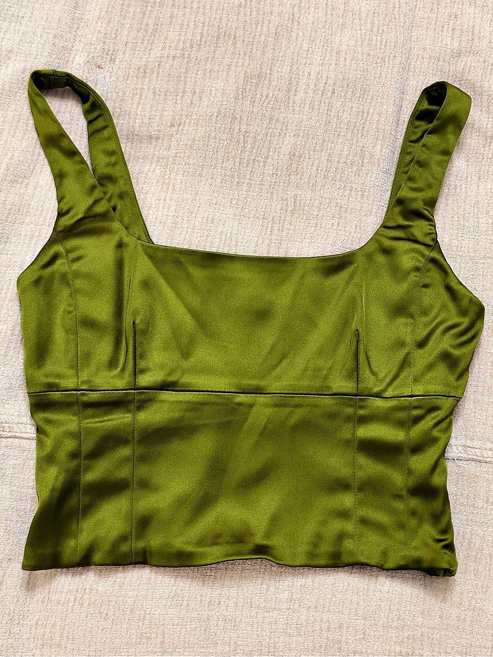 Wilfred Aritzia Olive Green Satin Crop Tank Top Square Neck Size S